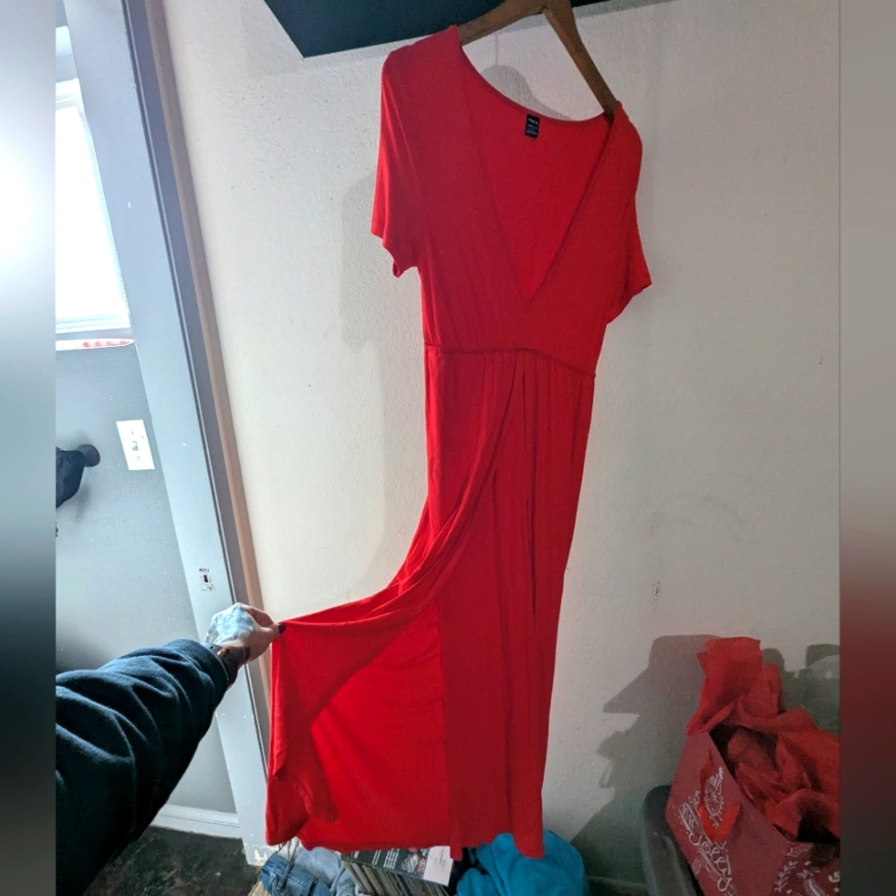 Red shein maxi dress with double leg slit in front